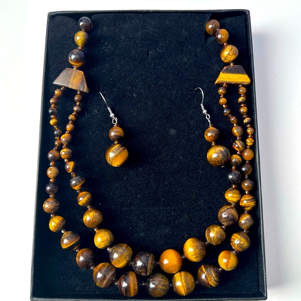 Tigers Eye Necklace & Pierced Earrings Set In Box Perfect Condition